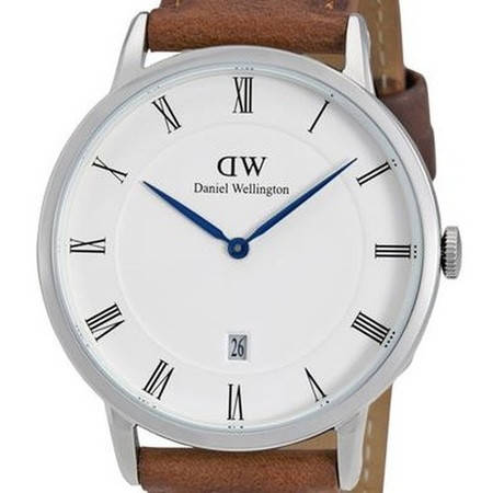 Three-quarter view of Daniel Wellington Dapper St Mawes watch showing silver case and brown strap