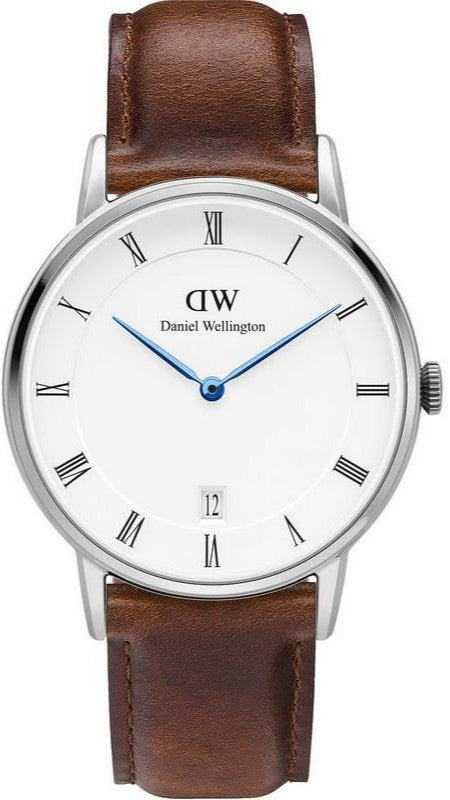 Daniel Wellington Dapper St Mawes 34MM unisex watch with white dial and brown leather strap