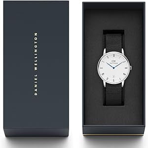 Daniel Wellington Dapper Cornwall watch with packaging box and black nylon strap