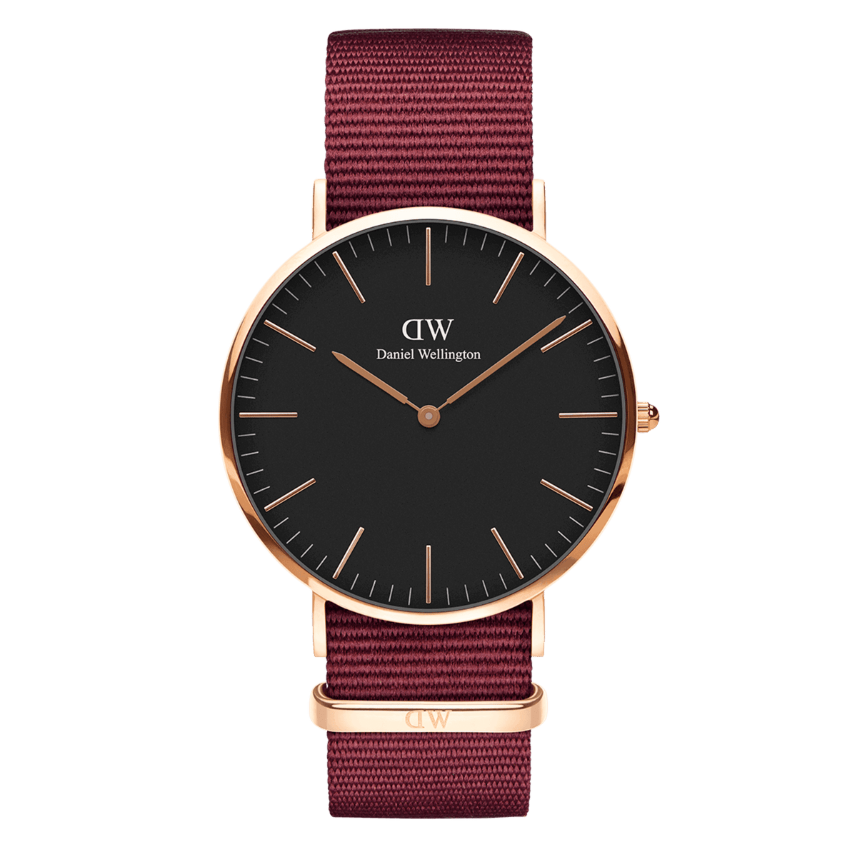 Daniel Wellington DW00100269 watch with black dial, rose gold case, and burgundy fabric band