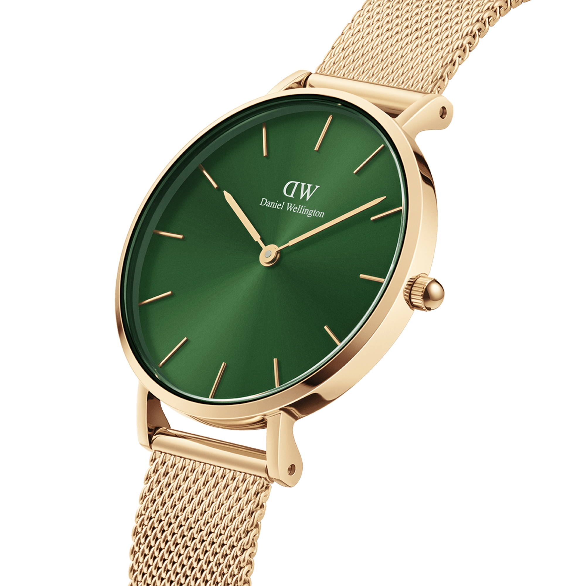Side angle view of Daniel Wellington Petite Emerald watch with green dial and gold strap