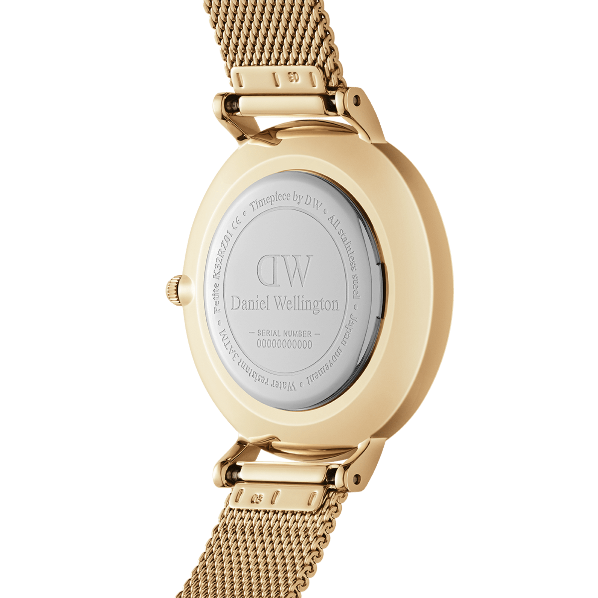 Caseback of Daniel Wellington Petite Emerald watch showing engraved text and model number