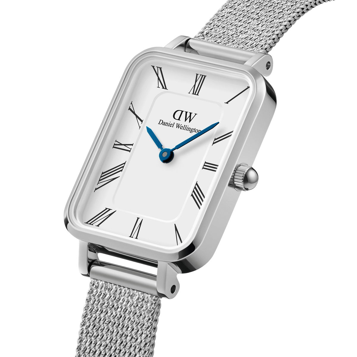 Daniel Wellington Quadro watch angled view showing rectangular case and mesh band