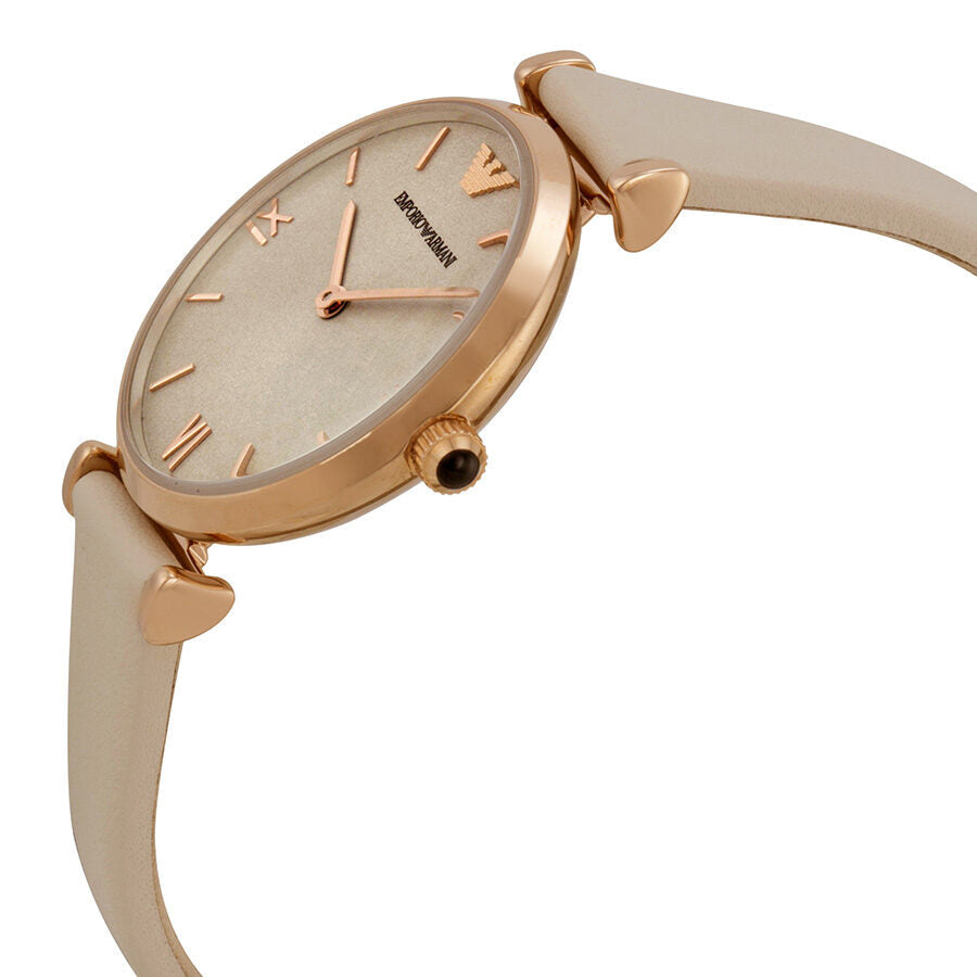 Side angle view of Emporio Armani ladies watch showing white leather strap and case profile
