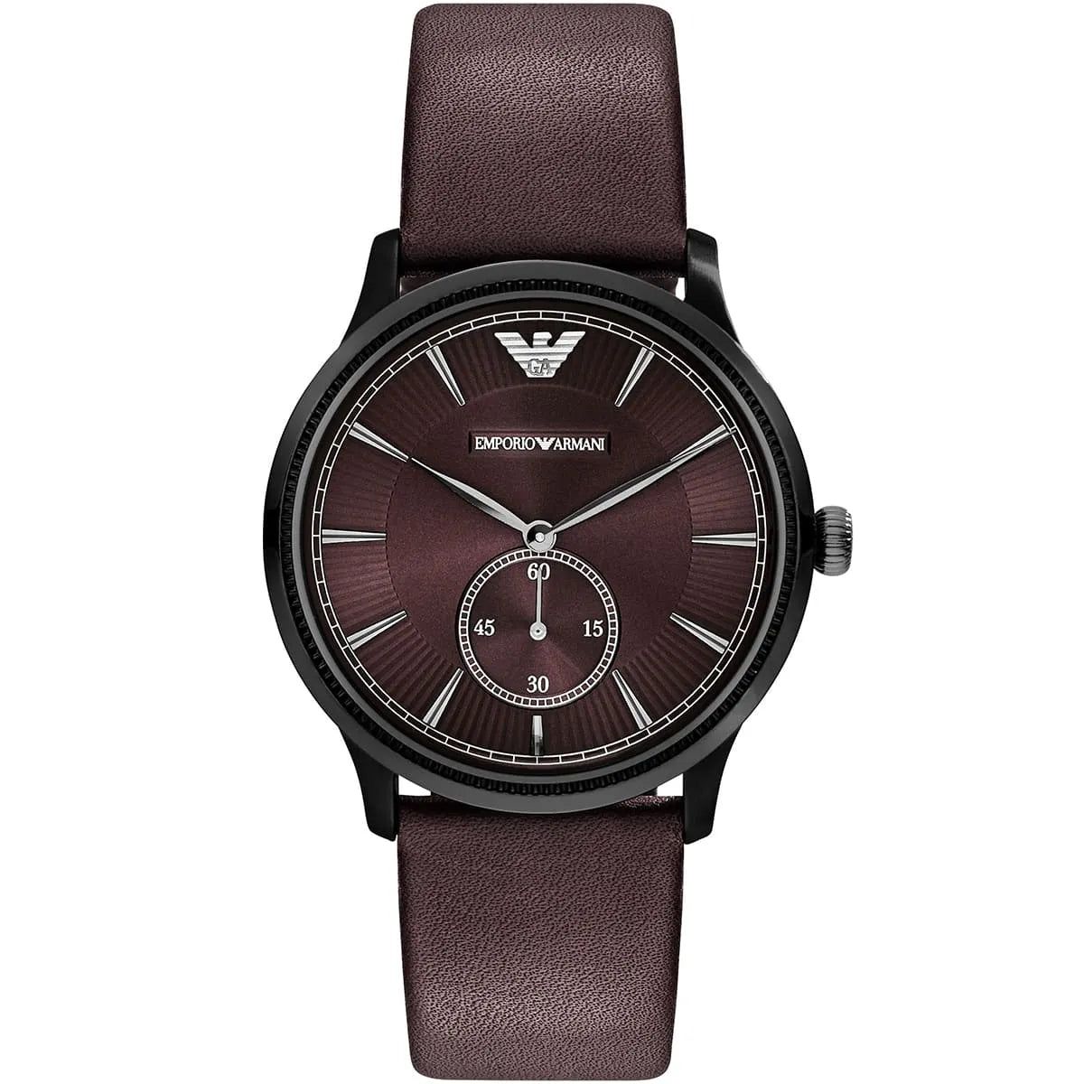 Emporio Armani Alpha AR1801 black men's watch with burgundy dial and brown leather strap
