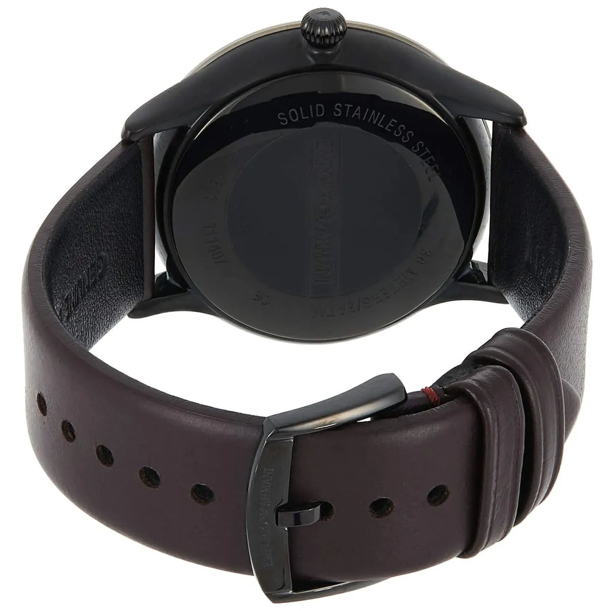 Side view of Emporio Armani Alpha AR1801 displaying black case profile and brown leather strap
