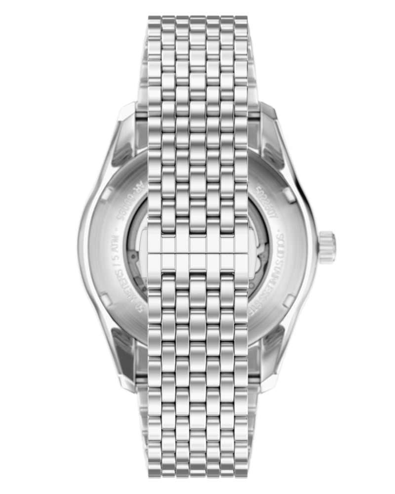 Emporio Armani Antonio watch caseback showing visible automatic movement through crystal