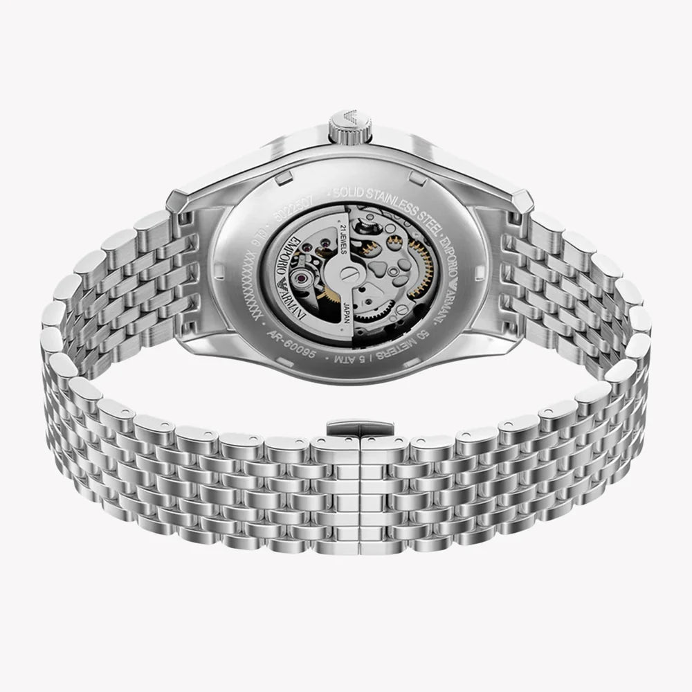 Emporio Armani Antonio automatic watch caseback detail with visible skeleton movement