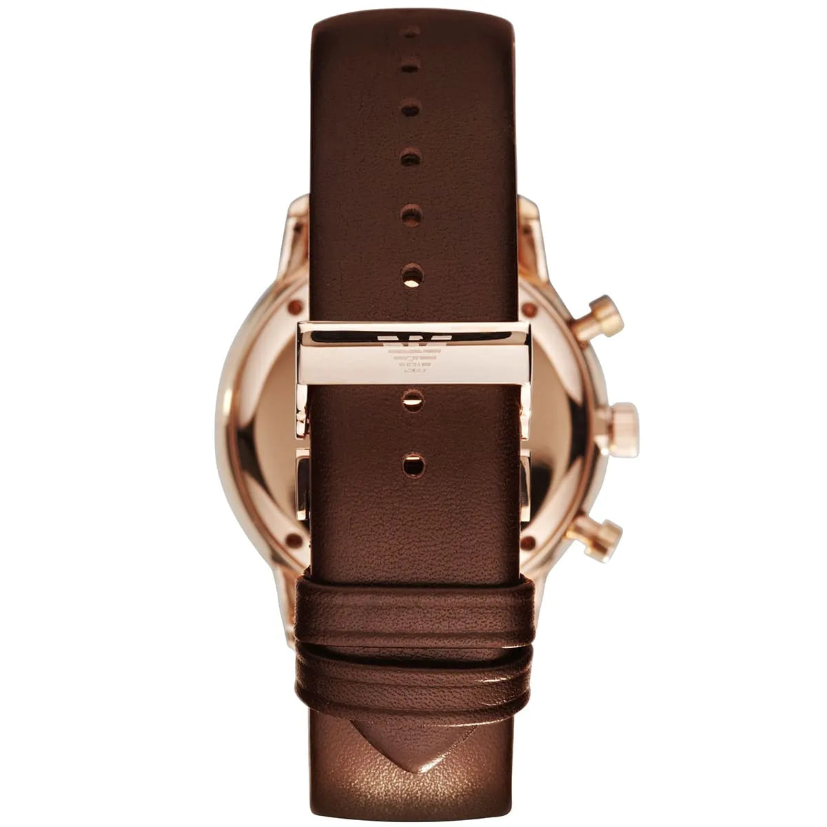 Emporio Armani AR0387 watch caseback showing rose gold case and brown leather strap with buckle