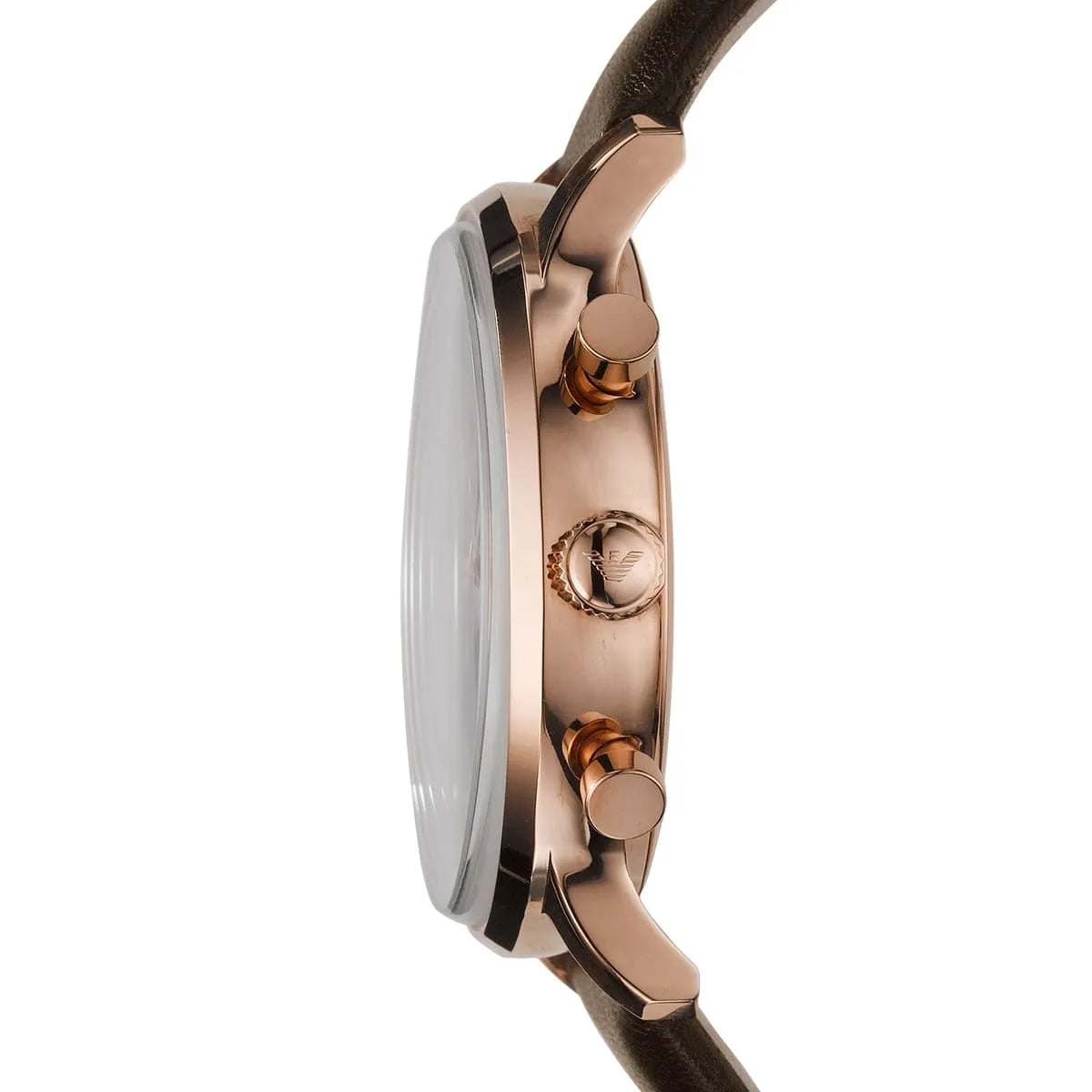 Emporio Armani AR0387 side view showing rose gold case profile with chronograph pushers and brown strap