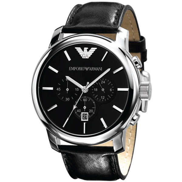 Emporio Armani AR0431 watch displaying black dial, chronograph subdials, and black leather strap