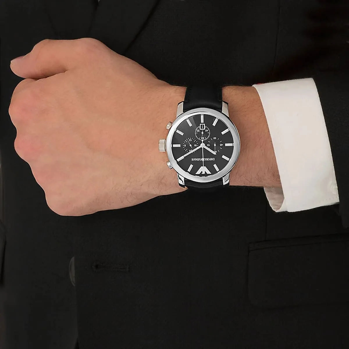 Emporio Armani AR0431 chronograph watch on wrist with black leather strap