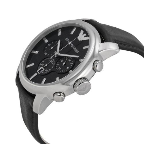Side view of Emporio Armani AR0431 chronograph watch with stainless steel case and leather strap