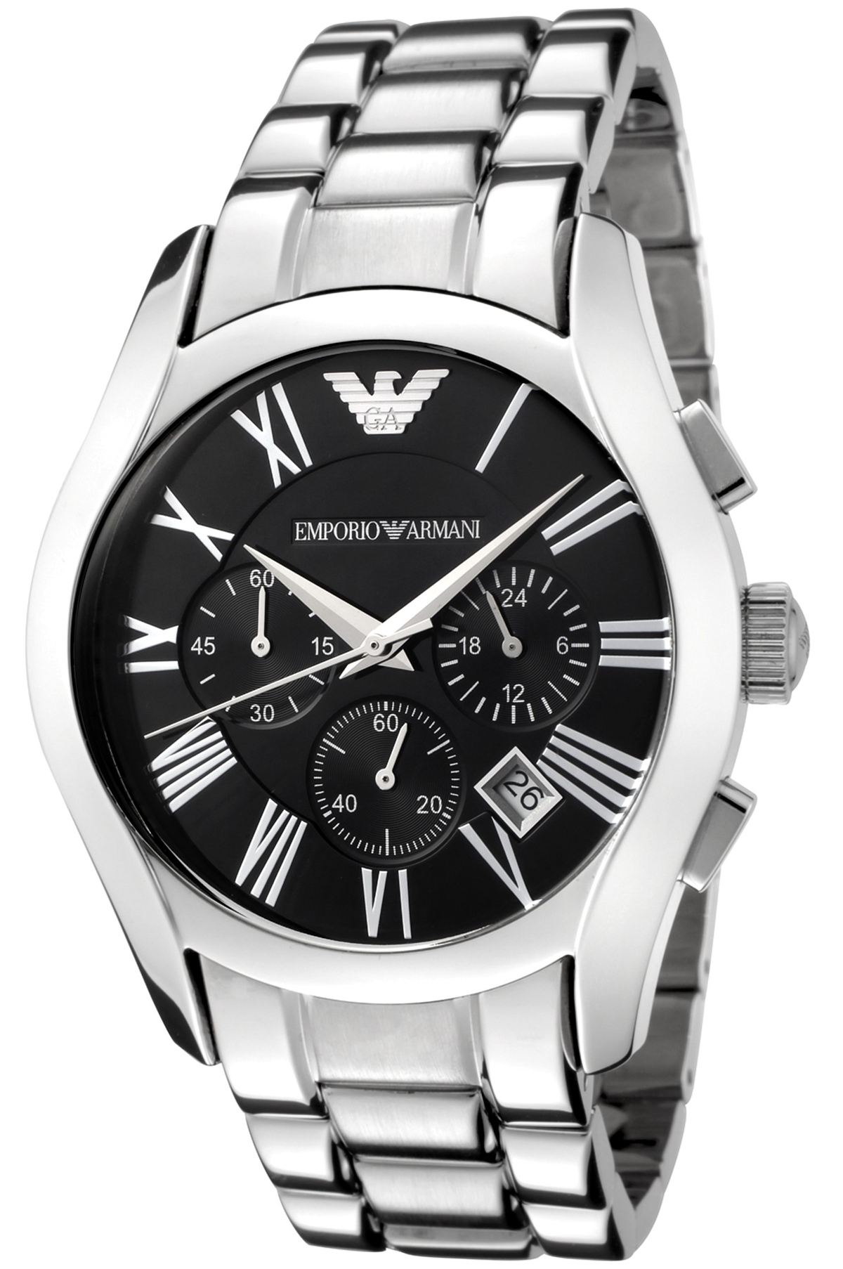 Emporio Armani Velente chronograph watch angled view showing silver bracelet and black dial with Roman numerals