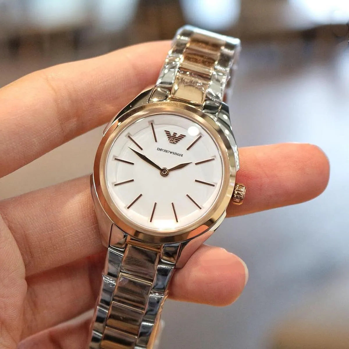 Emporio Armani White Dial Two Tone Stainless Steel Strap Women's Watch - AR11029