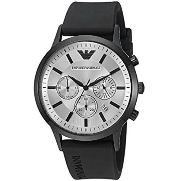 Emporio Armani Chronograph Quartz Silver Dial Black Rubber Strap Men's Watch - AR11048