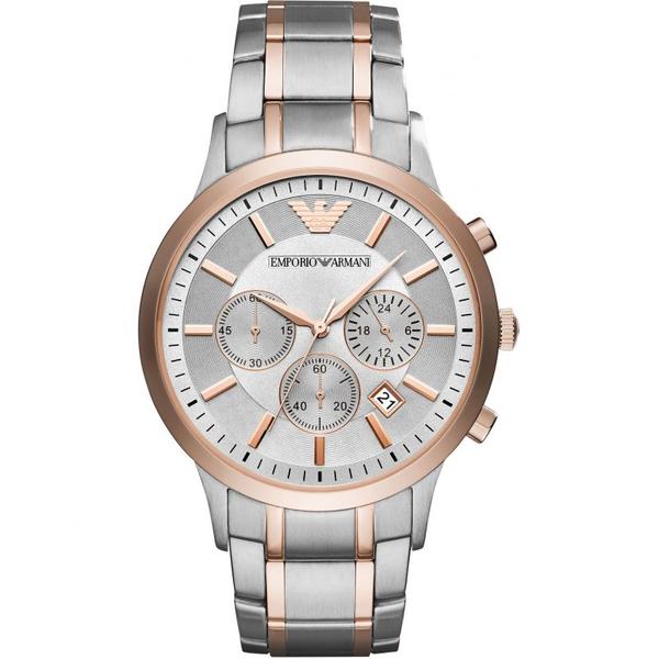 Emporio Armani AR11077 chronograph watch with grey dial and two-tone steel and rose gold case