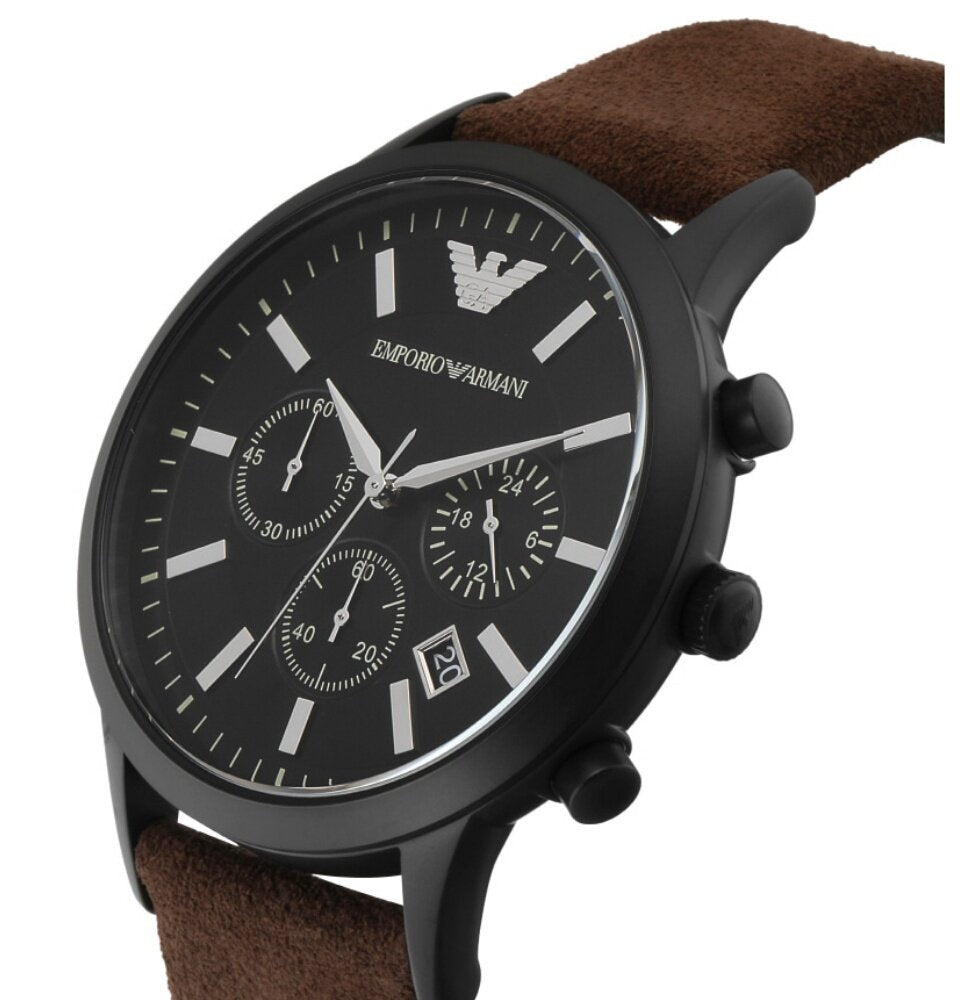 Emporio Armani Chronograph Black Dial Brown Leather Strap Men Watch - AR11078