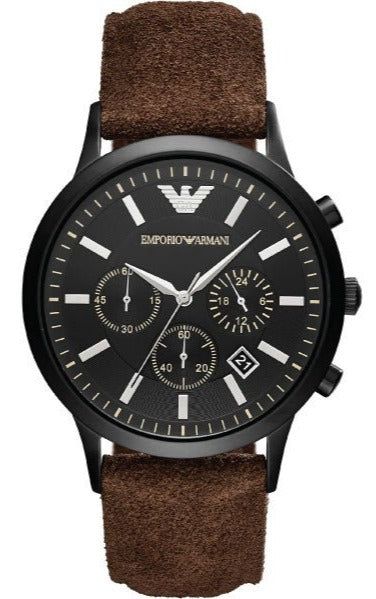 Emporio Armani Chronograph Black Dial Brown Leather Strap Men Watch - AR11078