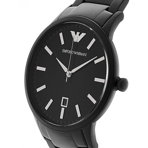 AR11079 black dial detail with white hour markers and date window at 6 o'clock