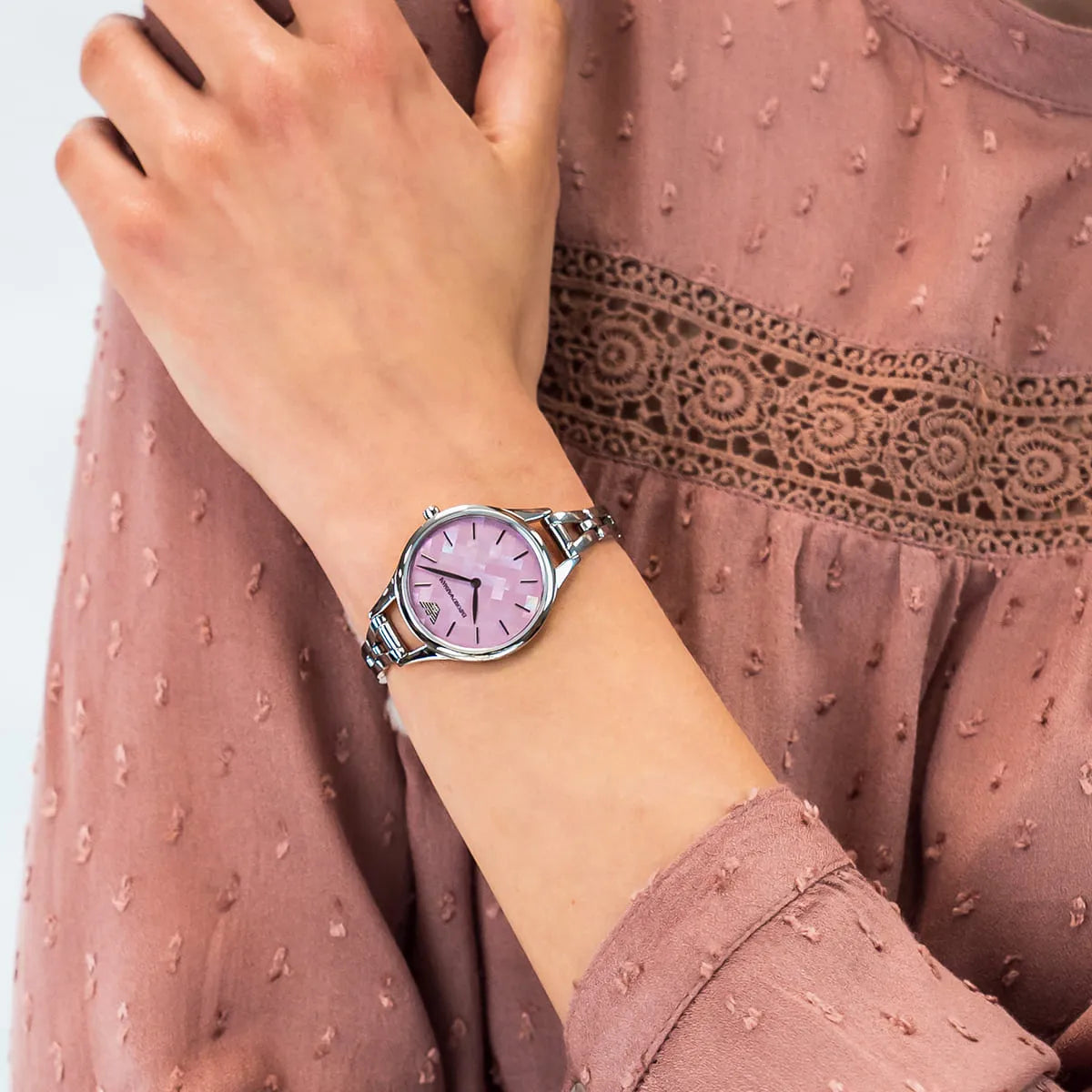 Emporio Armani Aurora Pink Dial Silver Steel Strap Watch AR11122
