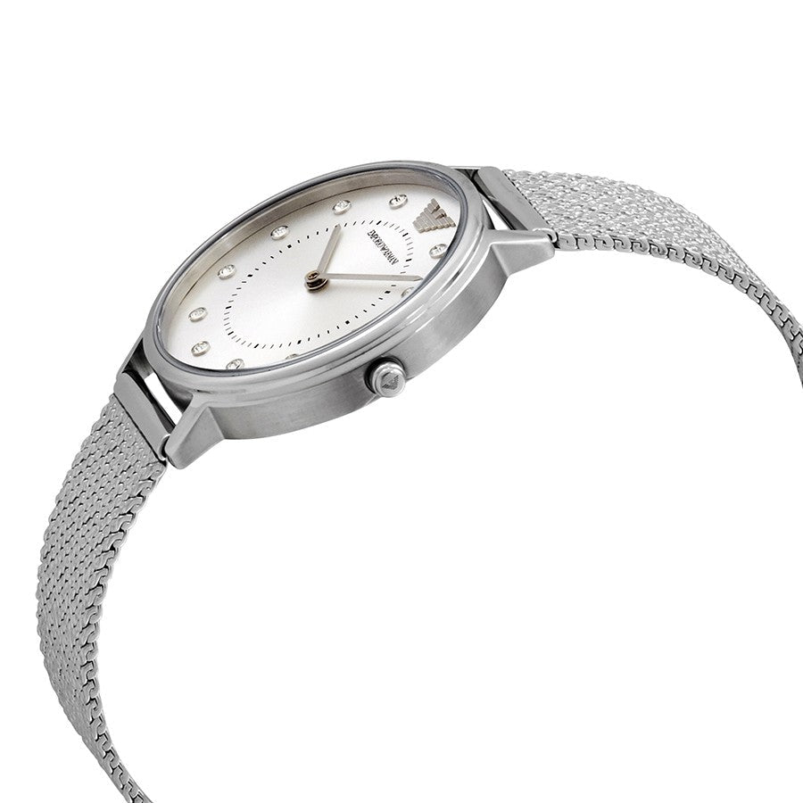 Side angle view of Emporio Armani AR11128 showing case and mesh strap