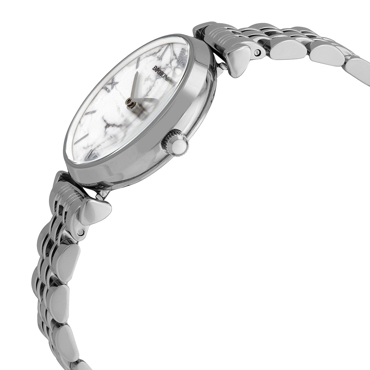 Side angle view of Emporio Armani AR11170 watch with stainless steel case and bracelet