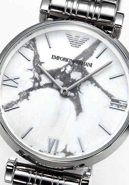 Detailed view of Emporio Armani AR11170 dial with white marble pattern and Roman numerals