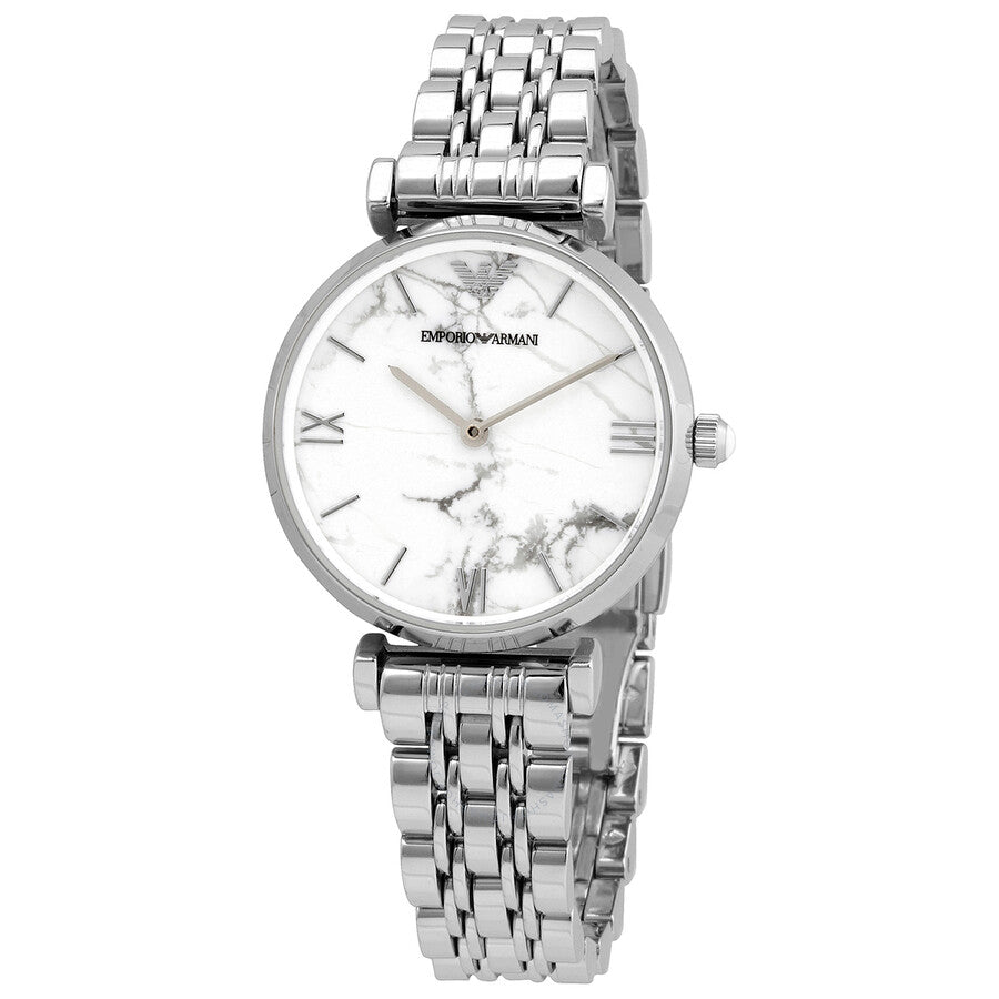 Front view of Emporio Armani AR11170 watch showing white marble dial and silver bracelet