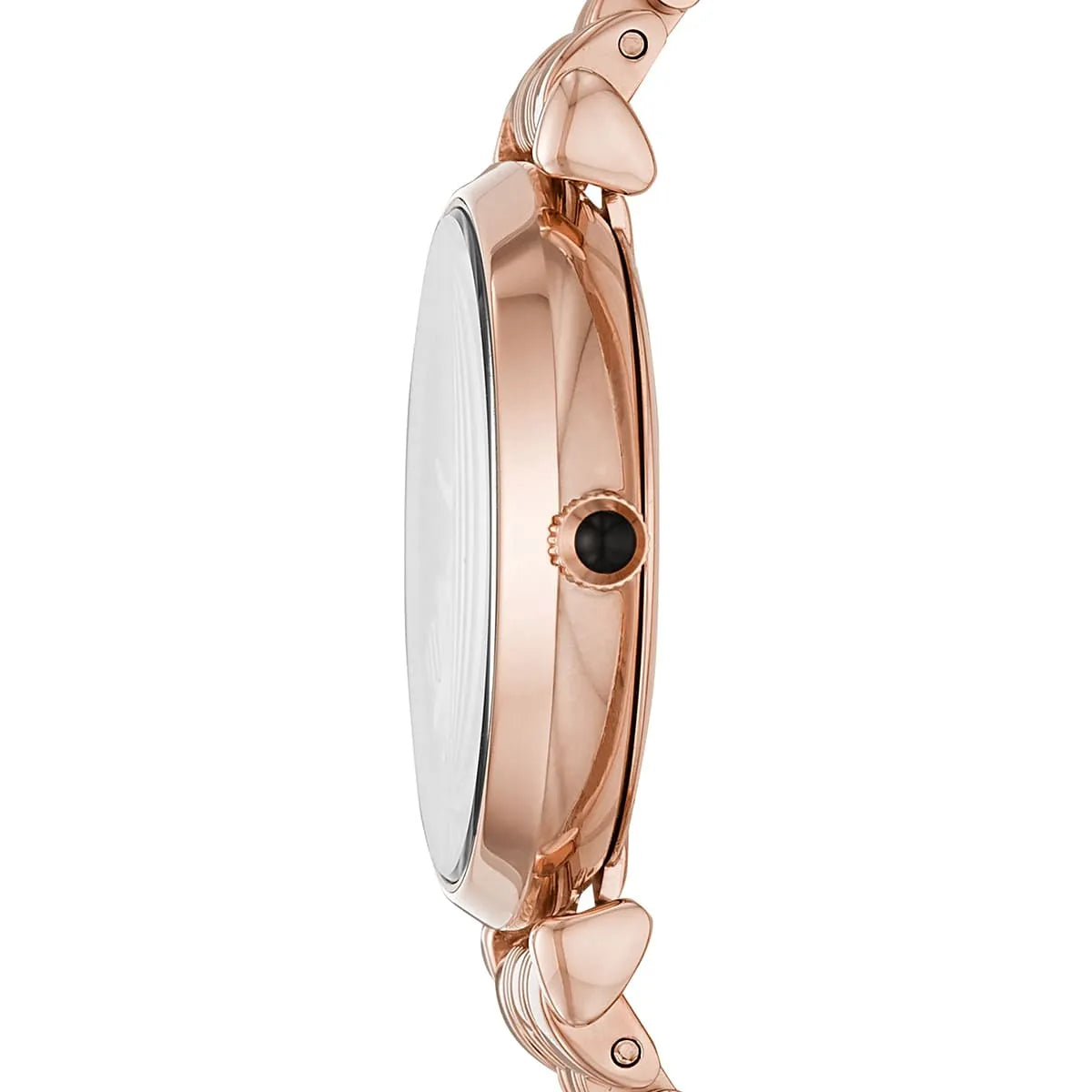 Emporio Armani AR11206 watch side view showing rose gold case and linked bracelet strap