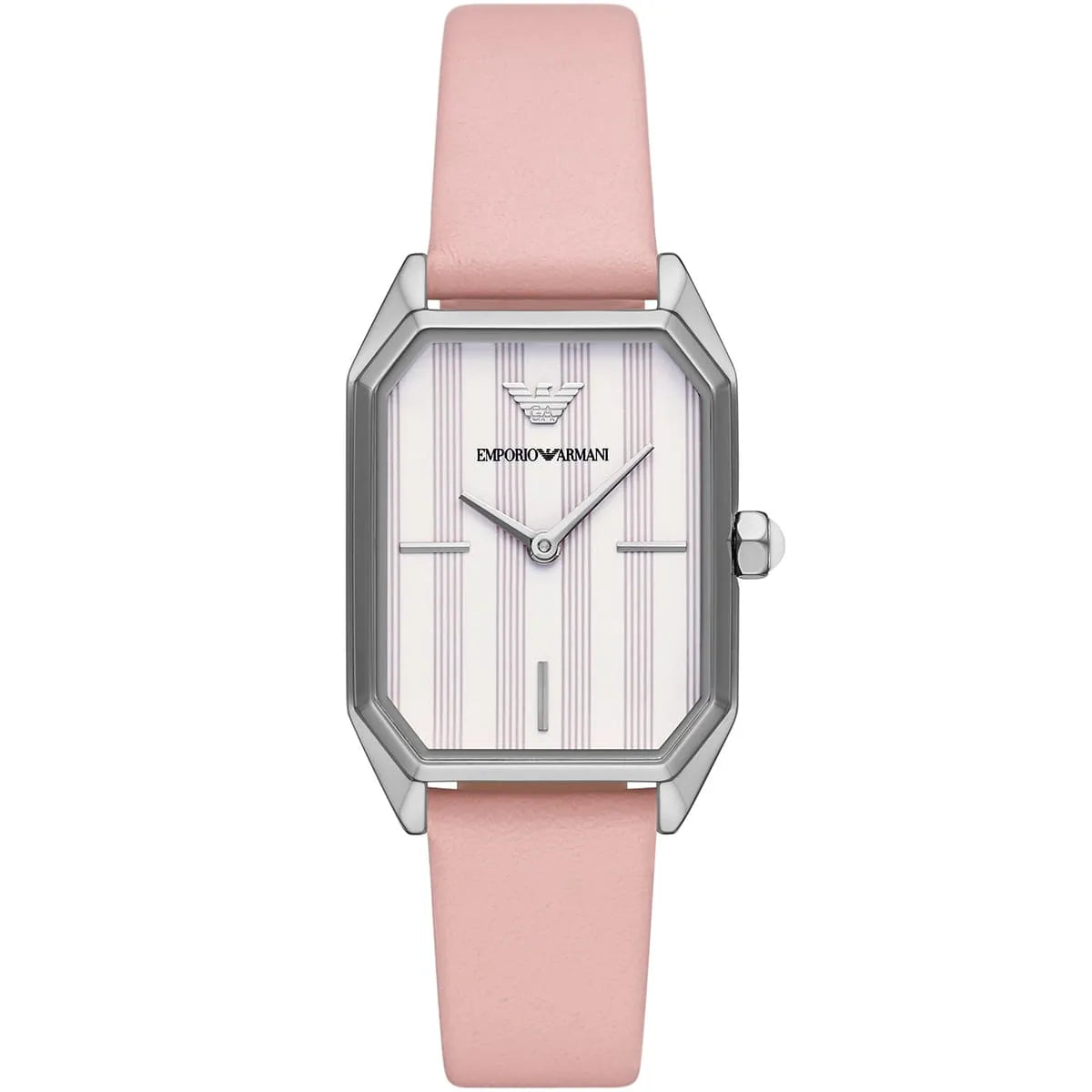 Emporio Armani AR11207 rectangular watch with silver case, white dial, and pink leather strap