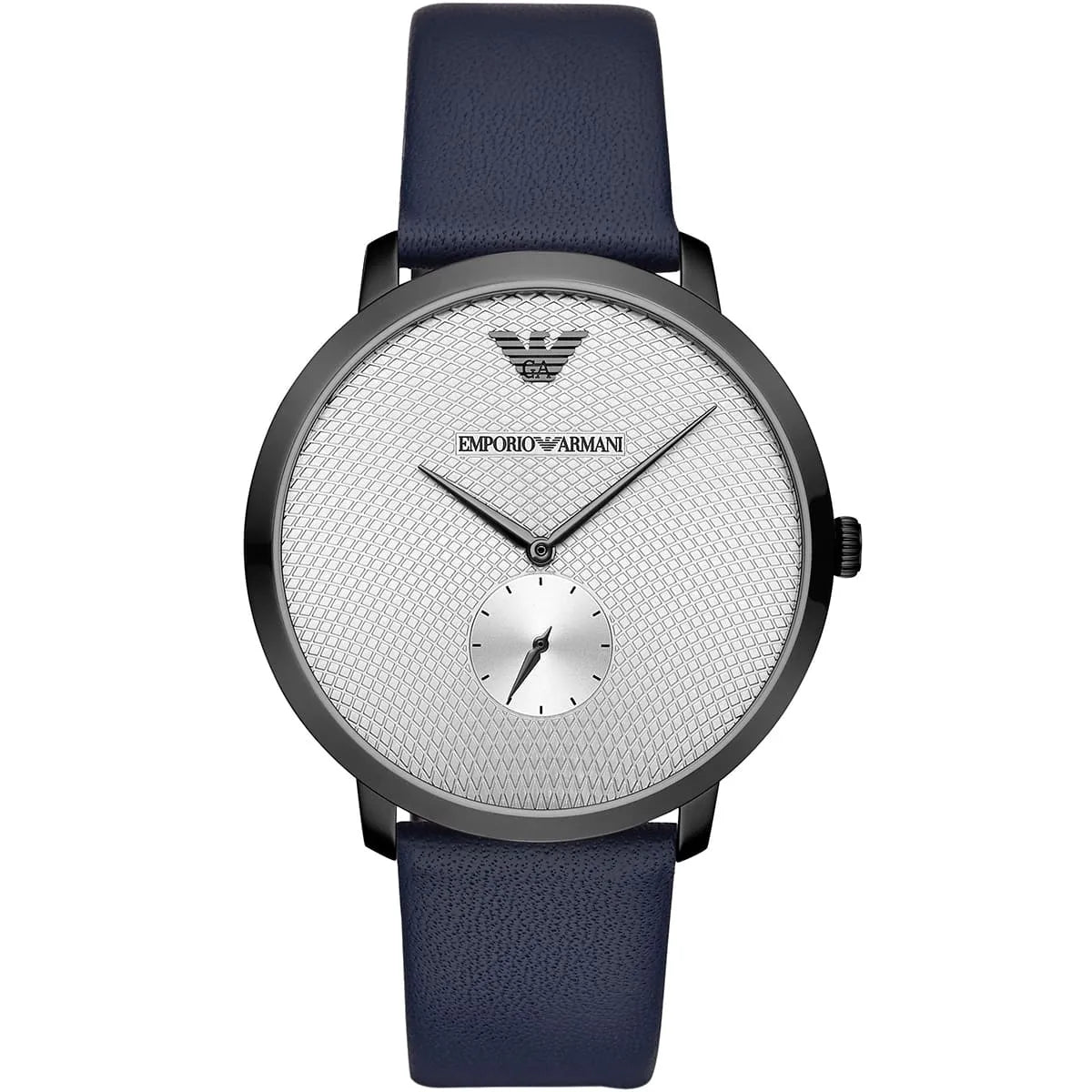 Emporio Armani AR11214 silver dial men's watch with navy leather strap and eagle logo