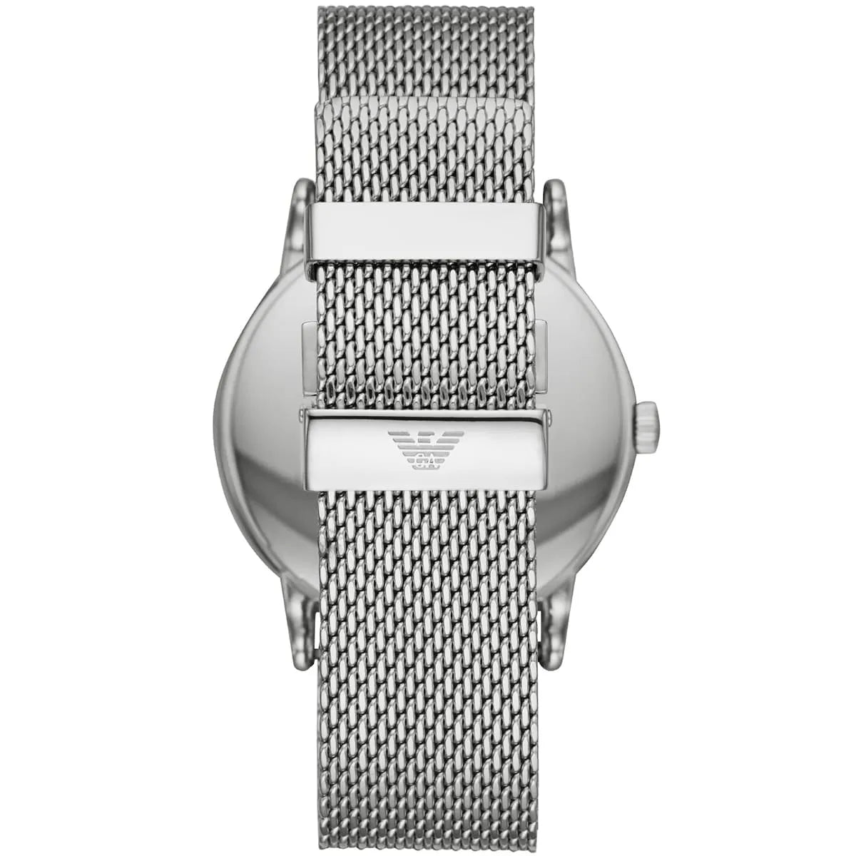 Emporio Armani AR11230 caseback view showing silver case and mesh strap with logo