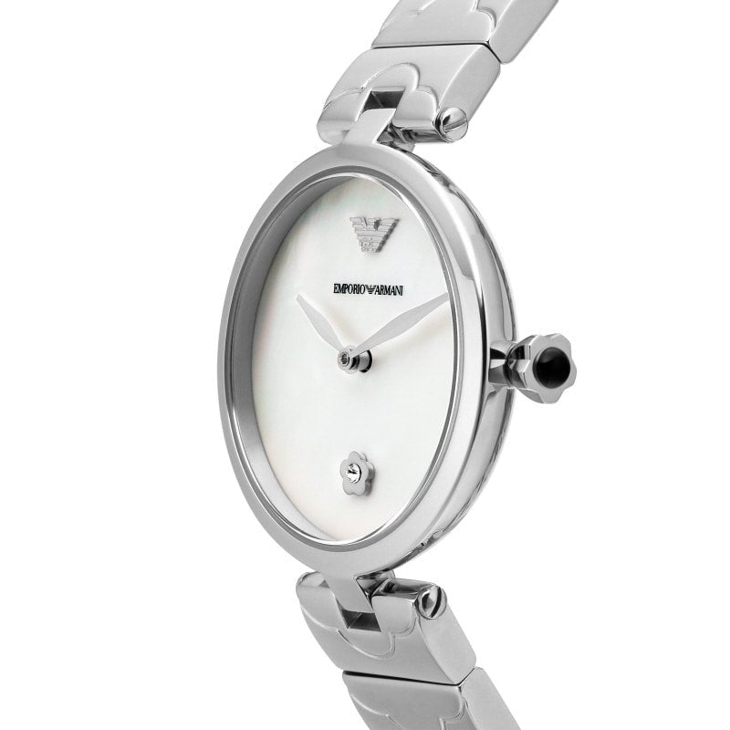Side angle view of Emporio Armani AR11235 women's watch showing oval mother of pearl dial