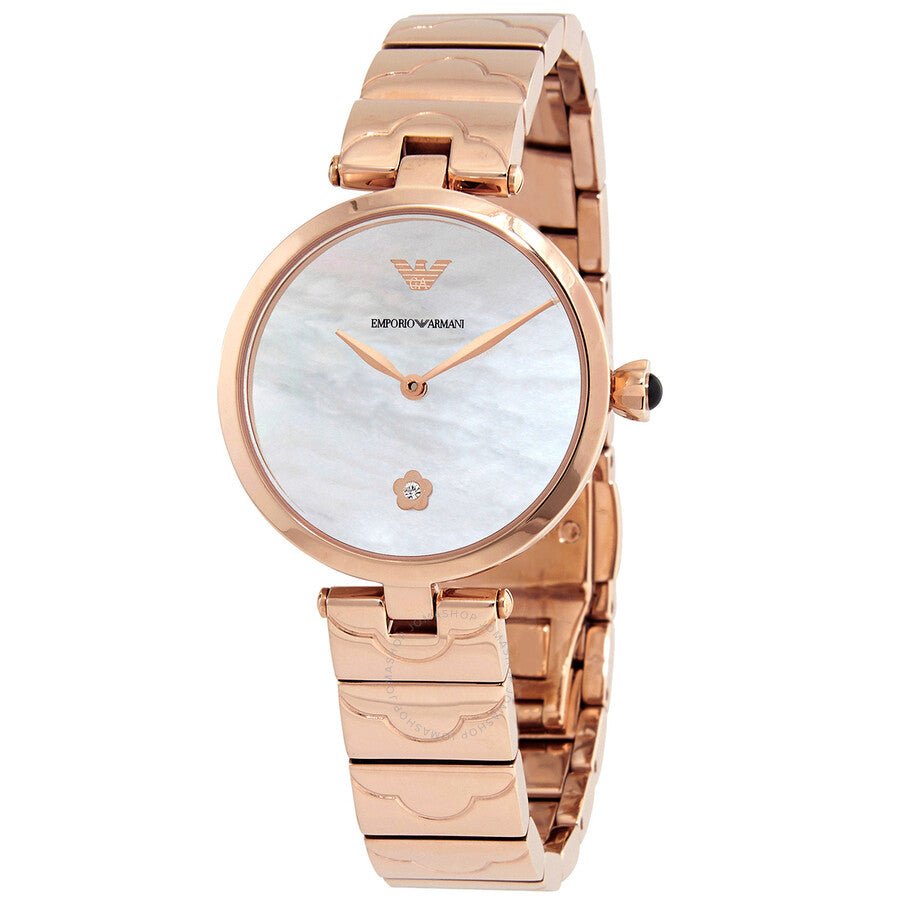 Three-quarter view of Emporio Armani AR11236 Arianna ladies watch featuring mother-of-pearl dial and rose gold metal strap
