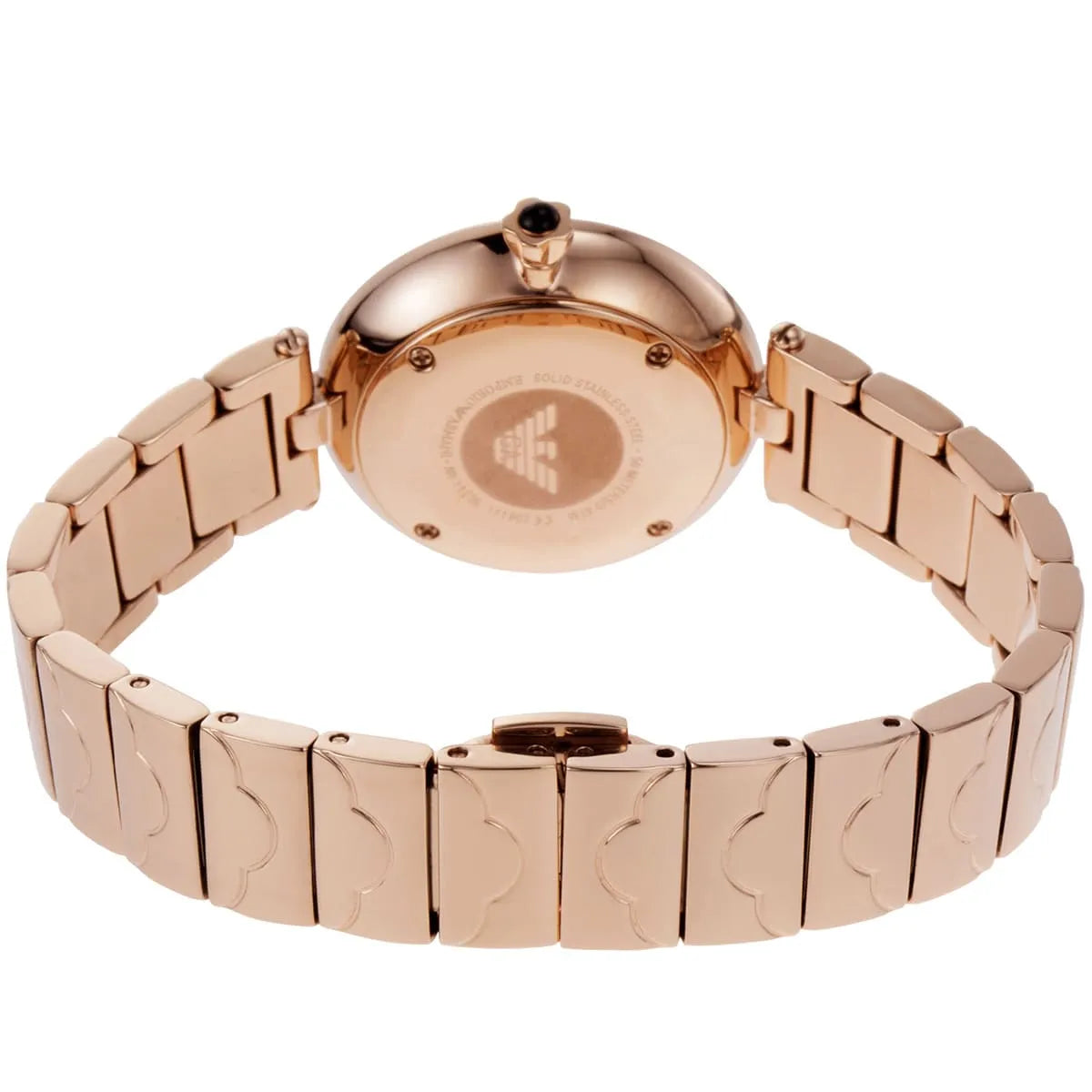 Back view of Emporio Armani AR11236 Arianna watch showing caseback and rose gold stainless steel bracelet