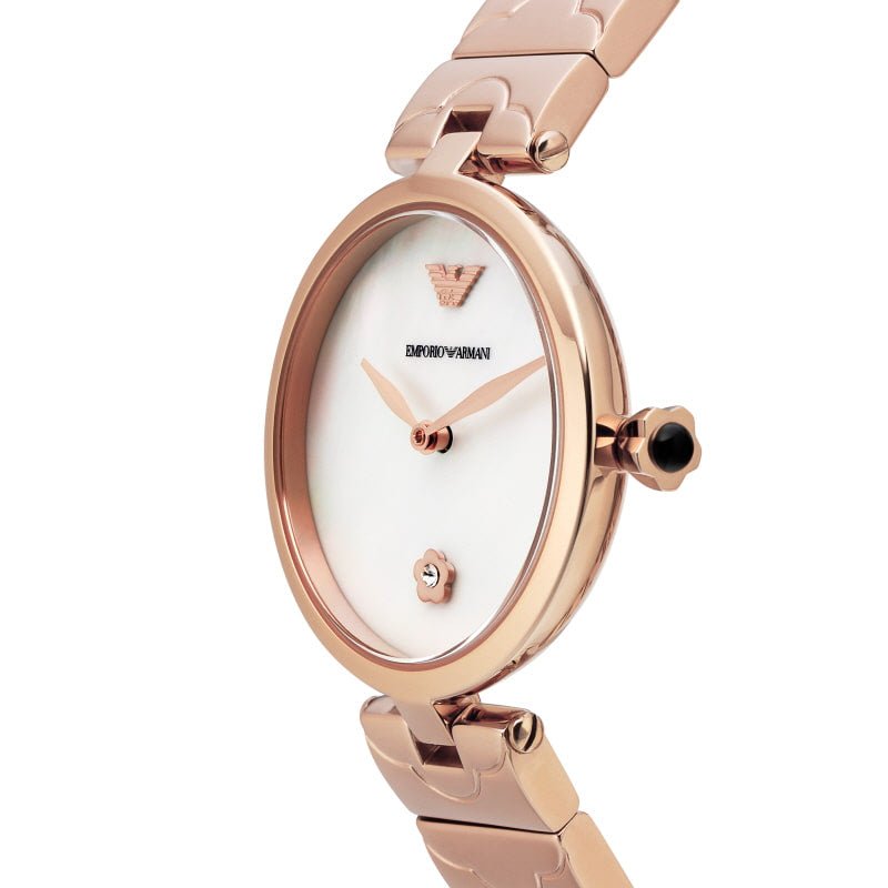 Side profile of Emporio Armani Arianna AR11236 watch displaying oval dial and rose gold case with crown