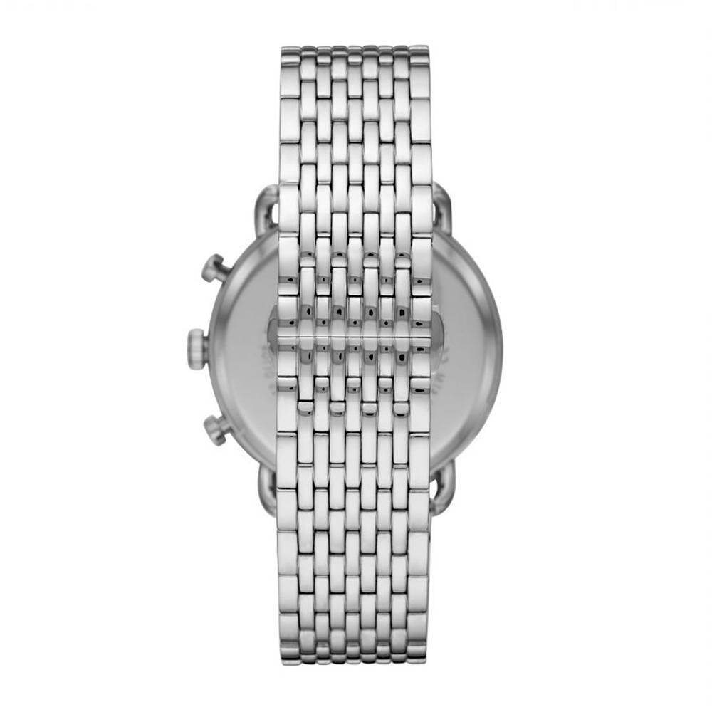 Emporio Armani AR11239 watch caseback showing stainless steel and chronograph pushers