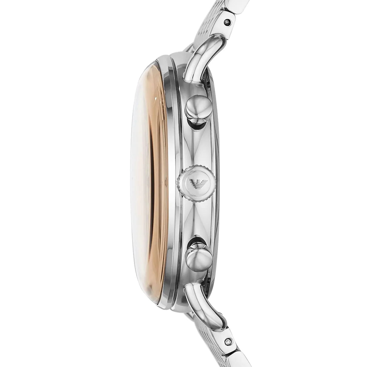 Emporio Armani AR11239 chronograph watch side view with rose gold bezel and silver case