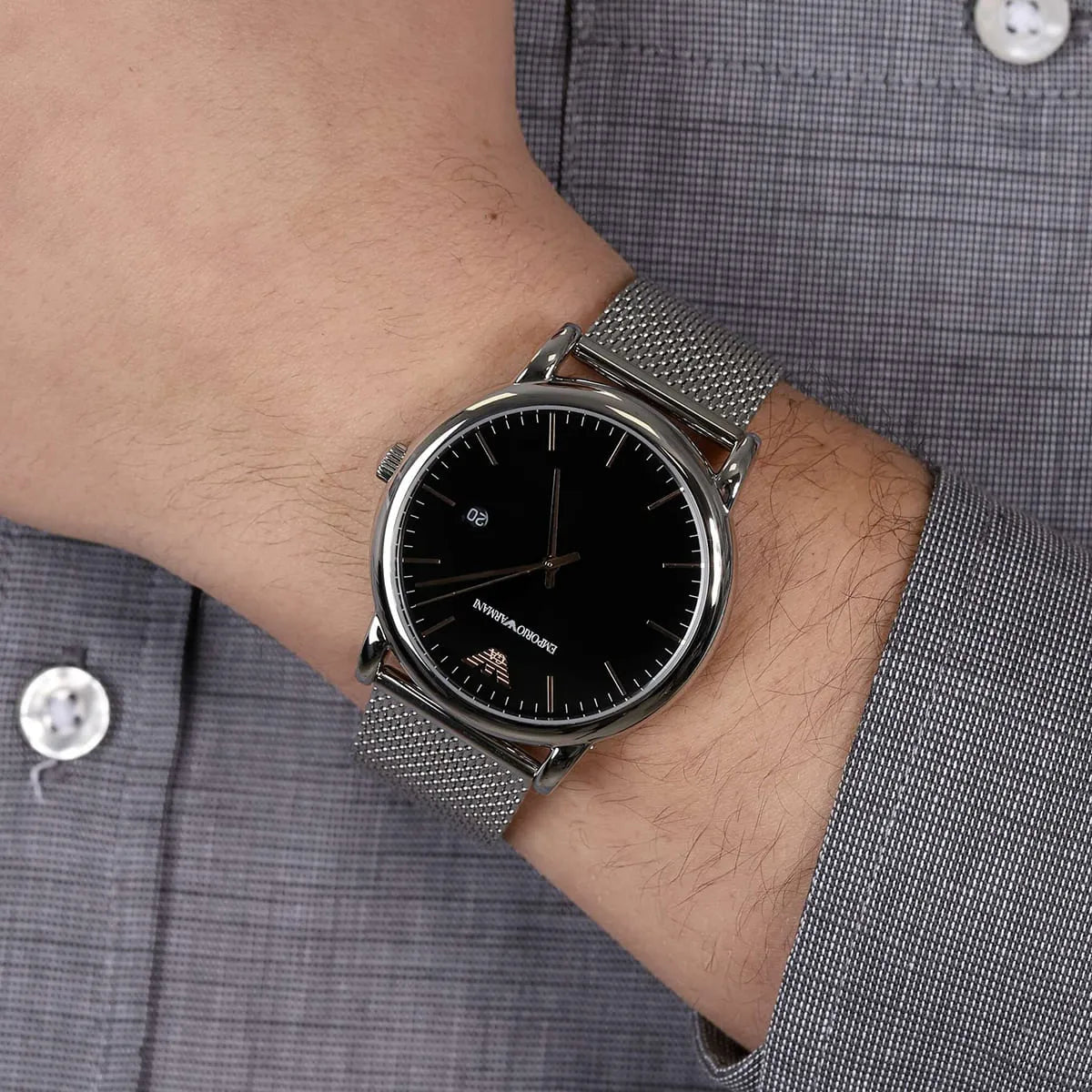 Emporio Armani AR11272 on wrist showing black dial and mesh strap styling