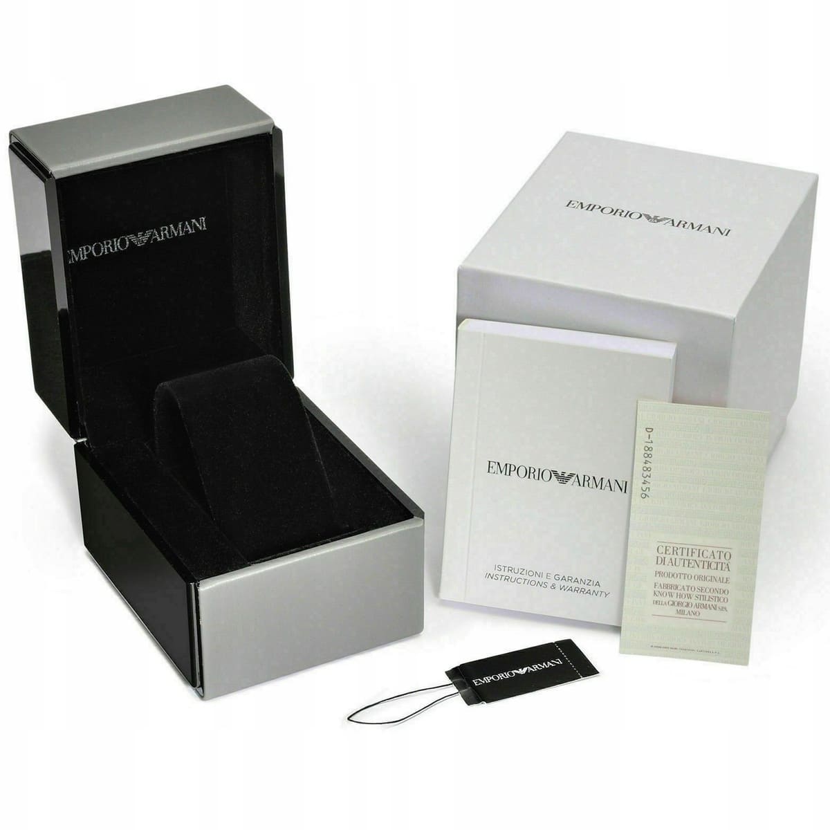 Emporio Armani original watch box, certificate, and packaging