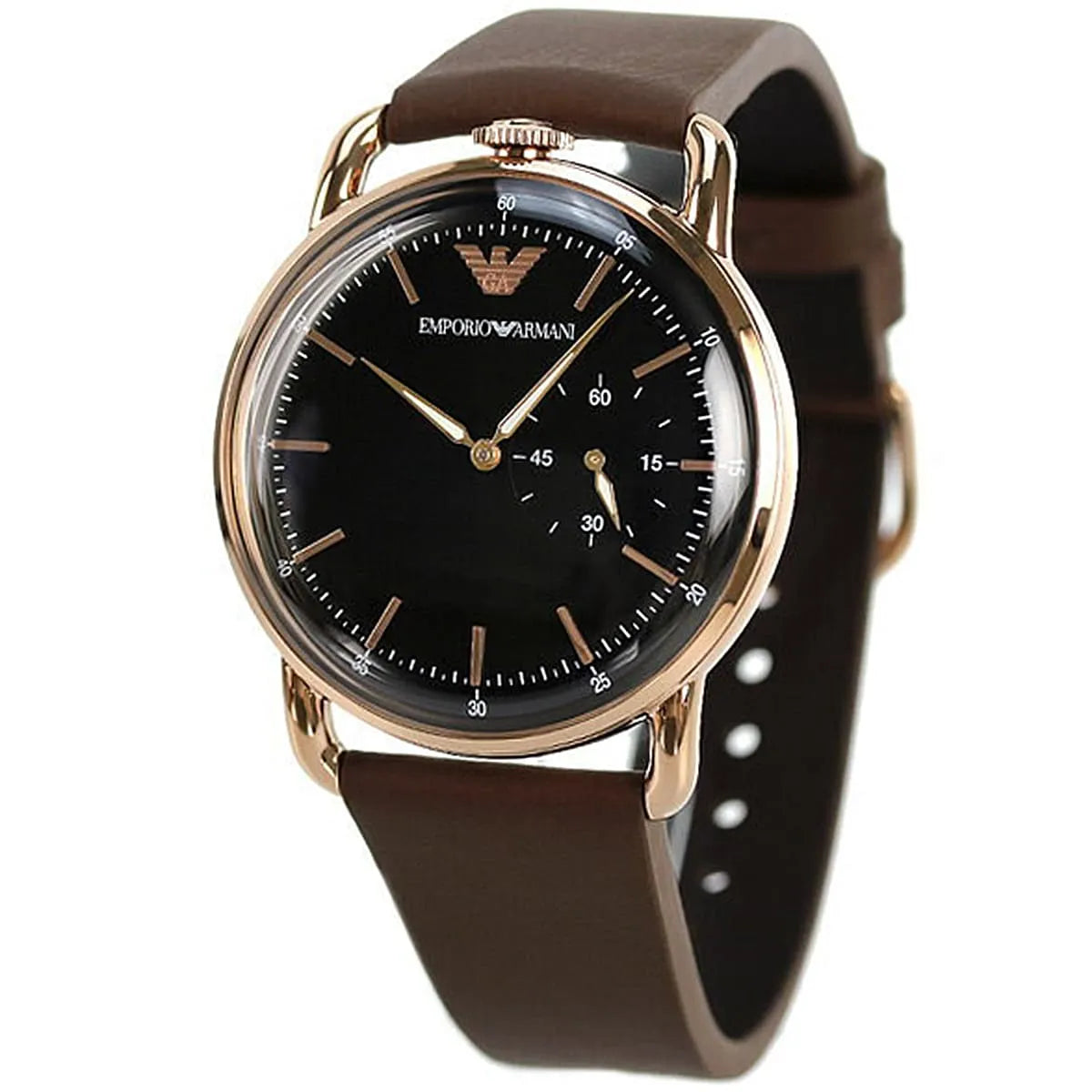 Emporio Armani AR11337 watch angle view showing black dial and rose gold case