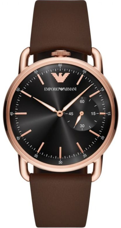 Emporio Armani AR11337 watch front view with rose gold case and brown leather strap