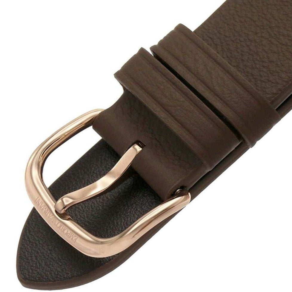 Brown leather strap detail with rose gold buckle on Emporio Armani AR11337