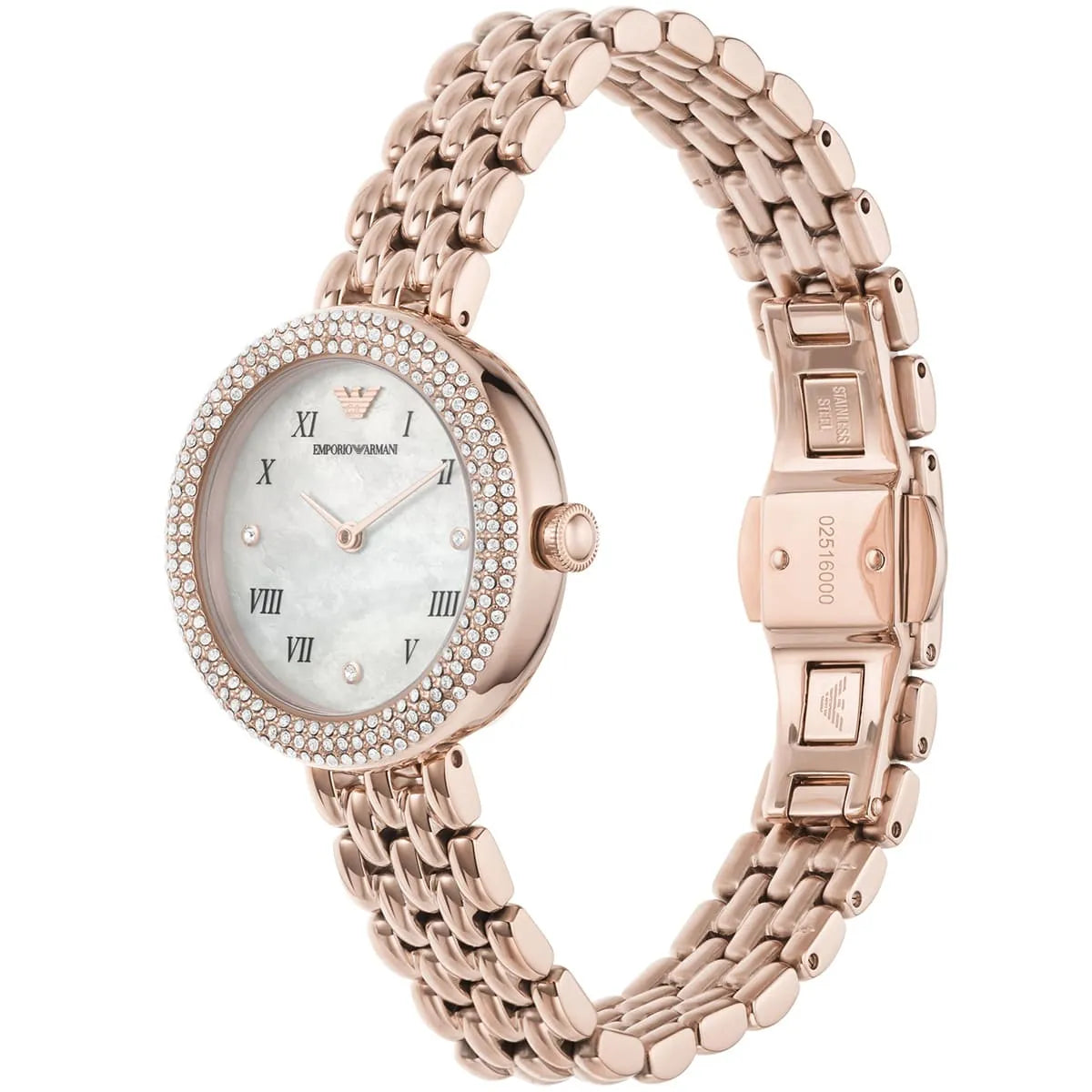 Rose gold link bracelet watch shown at angle displaying case and band details