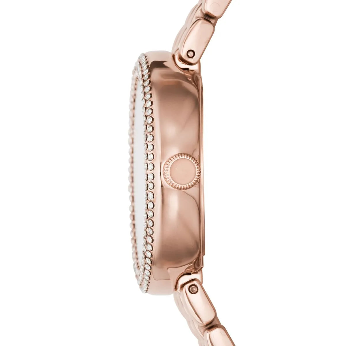 Caseback of rose gold watch displaying stainless steel engraved case back