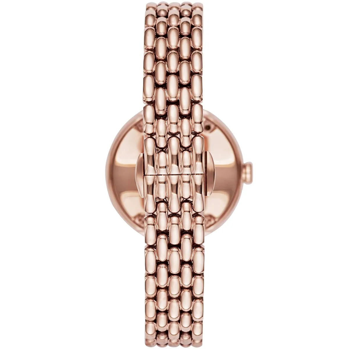 Side profile view of rose gold women's watch showing case depth and bracelet links
