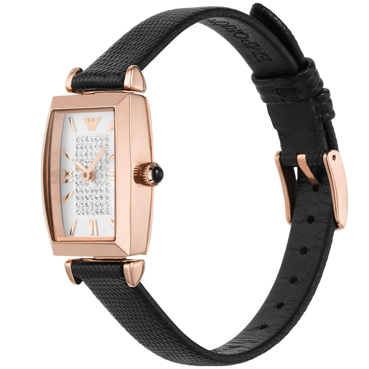 Emporio Armani AR11408 watch shown at angle on black leather strap with buckle visible