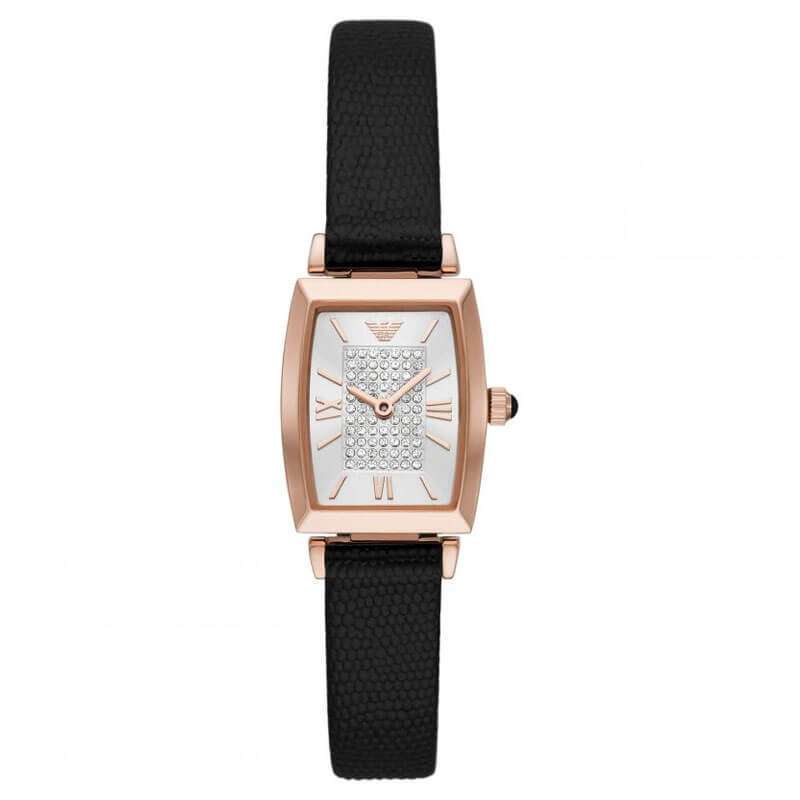 Emporio Armani AR11408 women's watch with rose gold case, white pave dial, and black leather strap
