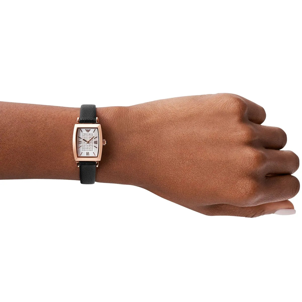Emporio Armani AR11408 women's watch worn on wrist with black leather strap